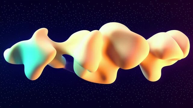 Golden and teal blobby forms hover and stretch in glowing void
