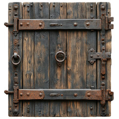 Fototapeta premium Old wooden door with rusty iron hardware medieval entrance gate texture on transparent background