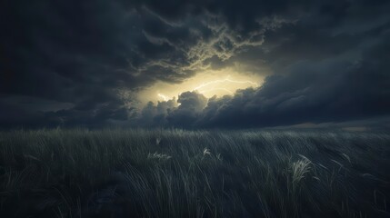 Obraz premium Stormy sky with a lightning bolt in the middle. The sky is dark and the lightning bolt is bright