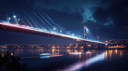 Naklejka premium Urban train travels on elevated tracks through a bustling city skyline under a night sky filled with skyscrapers