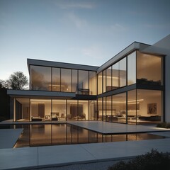 Fototapeta premium Modern house design with glass facade and pool.