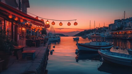 Golden lanterns illuminate boats on a tranquil waterway during twilight in a serene coastal village