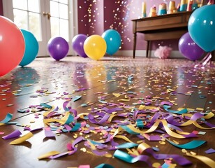 Colorful Confetti and Balloons on Hardwood Floor After Party