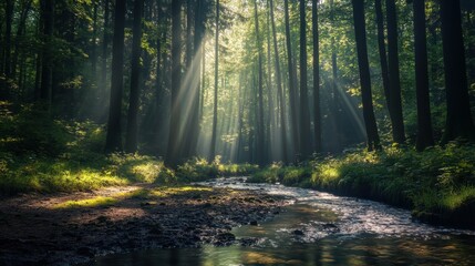 Sunlight filters through trees in a serene forest with a gently flowing stream during early morning hours