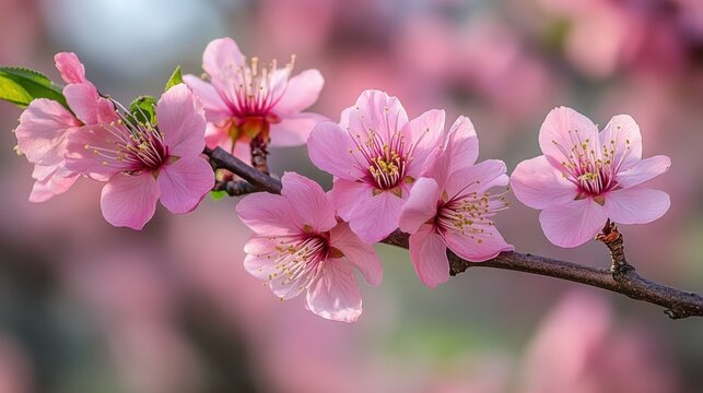 Delicate Pink Blossoms on a Branch.  Soft, vibrant pink blossoms on a branch,  close-up view,  springtime flowers