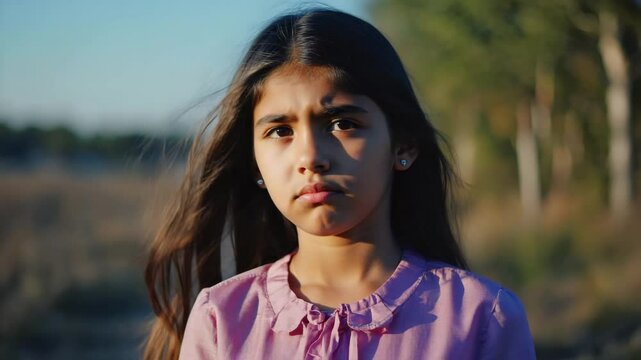A young girl with a serious expression gazes directly at the camera, bathed in soft sunlight. Her long dark hair frames her face. The background is blurred, with hints of a natural outdoor setting