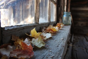 Fallen Leaves Rest on the Windowsill of an Old Cabin Creating a Rustic Atmosphere Amidst a Tranquil Indoor Setting Generative AI