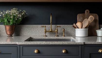 Contemporary kitchen sink and faucet arrangement.