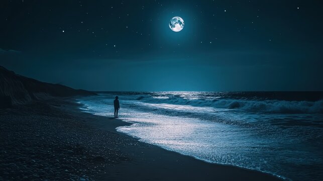 Person walking along a moonlit beach with gentle waves and a starry sky at night near a rocky coastline