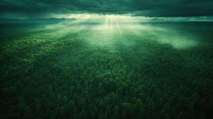 Dense forest canopy illuminated by sunlight breaking through a stormy sky