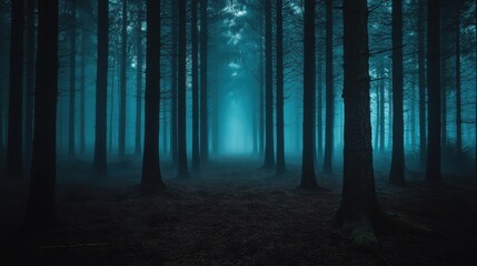 Obraz premium Mysterious fog envelops a forest at night with a glowing light in the background creating an eerie atmosphere