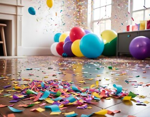 Colorful Confetti and Balloons After a Party