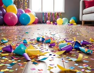 Messy Party Aftermath Confetti and Balloons on Wooden Floor