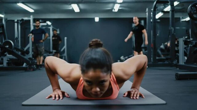 A woman is doing push-ups on a black yoga mat in a gym, looking determined and focused. Her arms are bent at a 90-degree angle as she pushes herself up.