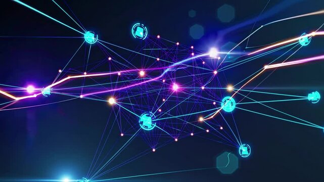 Digital network connections illuminated with glowing nodes showcasing data transfer and security mechanisms
