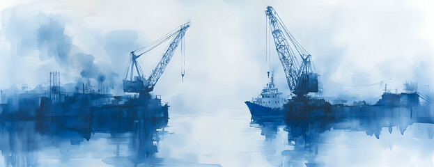 Harbor cranes & ship, foggy day. Industrial waterfront scene