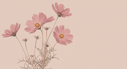 Fototapeta premium Pink Cosmos Flowers Blooming Softly, Floral Background Perfect for Delicate Designs, Social Media Posts, and Greeting Cards