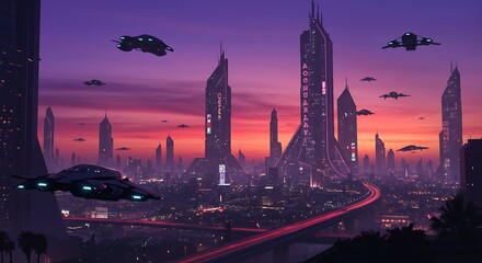 Naklejka premium Neon Sunset Over Futuristic Cityscape
