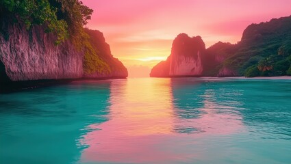 Fototapeta premium Tropical Island Sunset with Turquoise Water and Lush Cliffs
