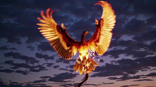 Majestic phoenix rising from fiery ashes at dusk during a mystical transformation event

