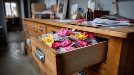 Disorganized office desk drawer filled with crumpled paper and clutter on wooden surface