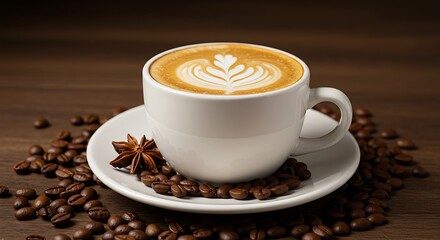 Fototapeta premium Cup of Coffee and Beans Styled for Rustic Cozy Coffee Scene