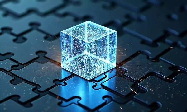 Abstract blue cube on puzzle pattern background