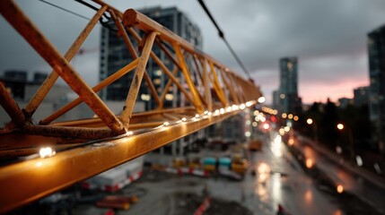 Close-up of a yellow construction crane ladder with cityscape background during sunset in an urban area