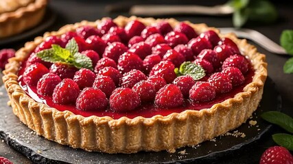 Raspberry Tart On Slate Stone With Fresh Mint Dessert Food Concept Closeup Shot