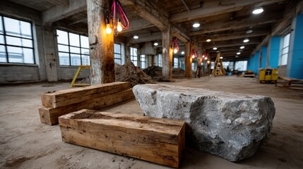 Fototapeta premium Interior of Under Renovation Construction Site with Wooden Beams and Exposed Infrastructure