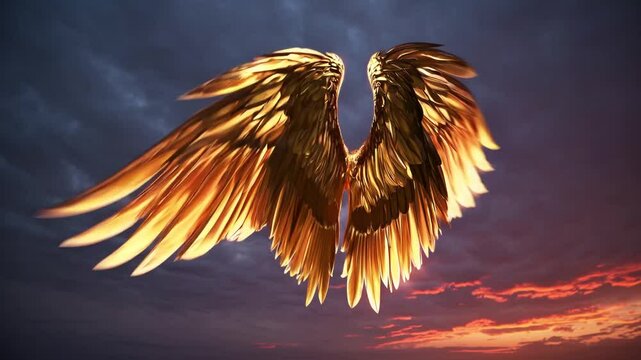 Majestic golden wings emerge from fiery clouds at sunset, creating a heavenly atmosphere

