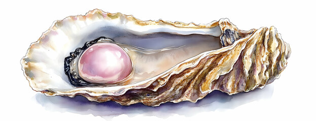 Pink pearl in oyster shell, ocean background, jewelry