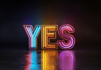 Neon 'YES' sign reflecting vibrant colors.