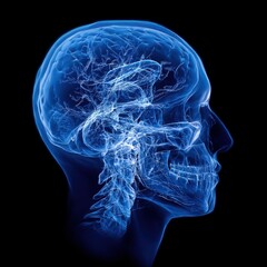 3D illustration of a human skull with brain and nervous system in blue.
