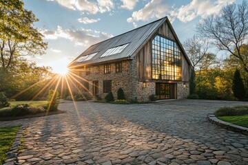 Obraz premium Sunset at a rustic stone barn with large glass windows set in a serene landscape, showcasing warm golden sunlight filtering through trees