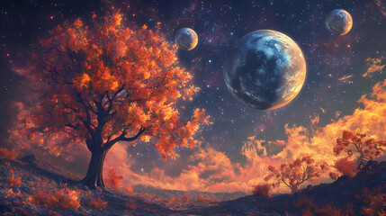 Cosmic landscape with dual moons and autumnal trees, fantasy style. [Cyber Serenades] | Binary Ballad | dual harmony. Illustration