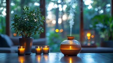 Aroma diffuser with candles and plant on wooden table at dusk.