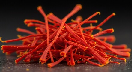 Fototapeta premium Saffron Threads: A Rich, Crimson Pile in Dramatic Close-up