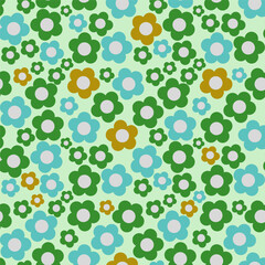 Colorful floral pattern featuring flowers on a light background, creating a playful and cheerful design, suitable for decorative purposes, wallpapers, or textile applications.
