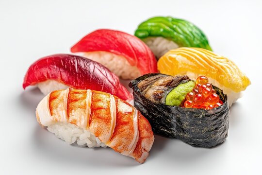 Colorful assortment of fresh sushi pieces displayed on white.