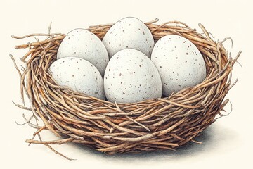 Nest full of speckled eggs in a natural setting.
