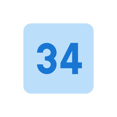 A light blue rounded square containing the number thirty four in a darker shade of blue in the center