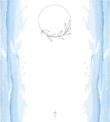 Funeral Empty card.  Sky blue frame. Aquarelle background. Church cross. Photo frame