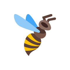 Illustration of a cartoon bee with blue wings and yellow and brown stripes on a white background view