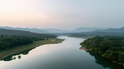 aerial view of coastal wetlands in india during soft twilight