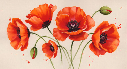 Fototapeta premium Red watercolor poppies with buds, hand-painted floral illustration perfect for backgrounds, greeting cards, and decorative designs
