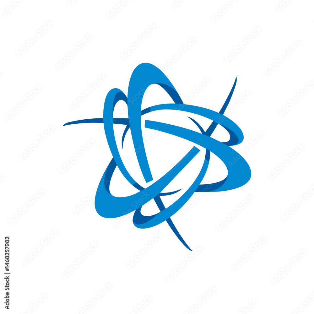 Poster abstract blue atom symbol with orbiting lines and a triangular core on a white background design ele