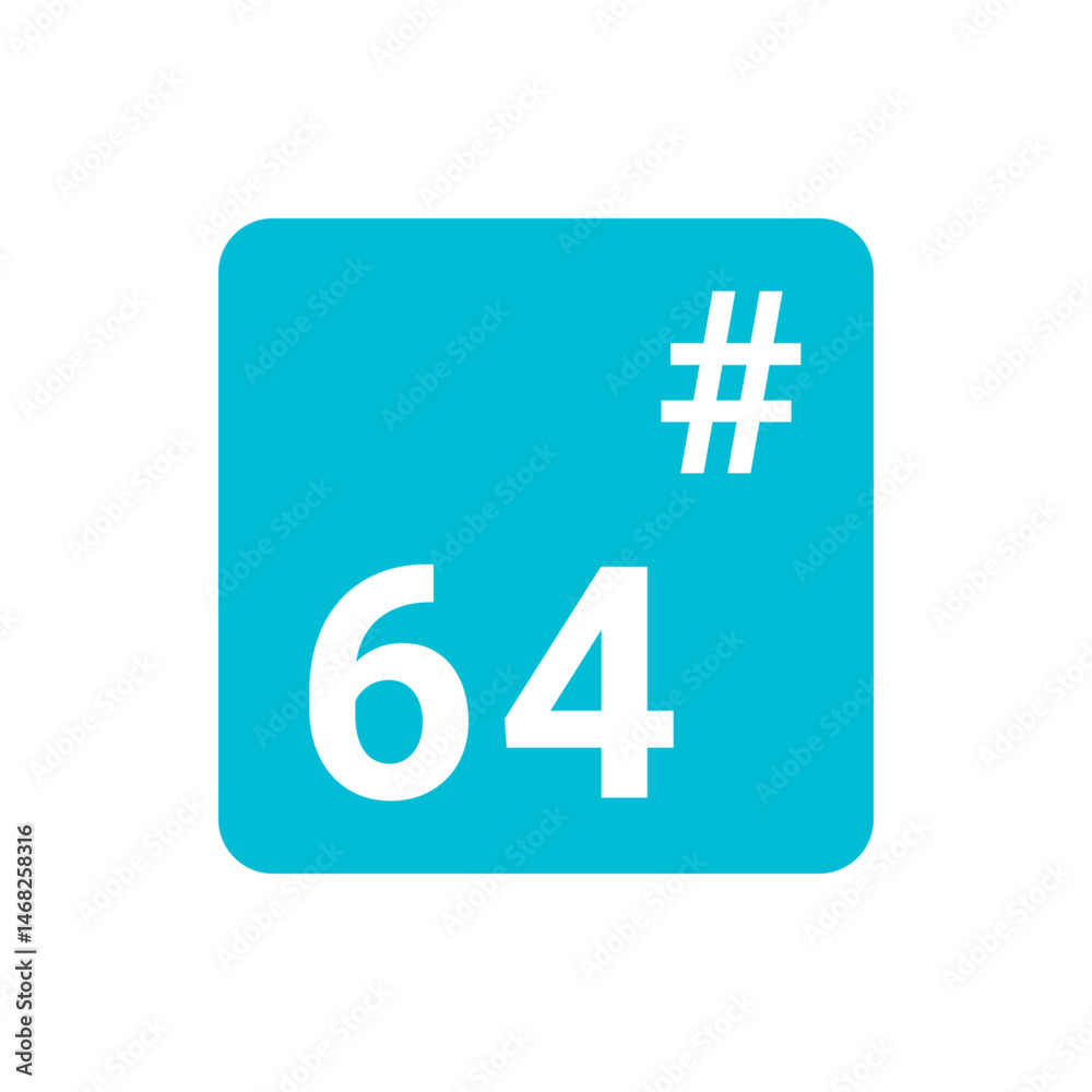 Poster illustration of a rounded square with a light blue background displaying the number sixty four and h
