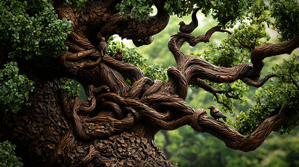 Closeup View Of Old Gnarled Tree Branches With Birds