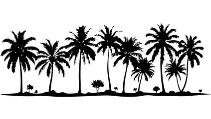silhouette tree line drawing set, Side view, set of graphics trees elements outline symbol for architecture and landscape design drawing. Vector illustration in stroke fill in white. Tropica
